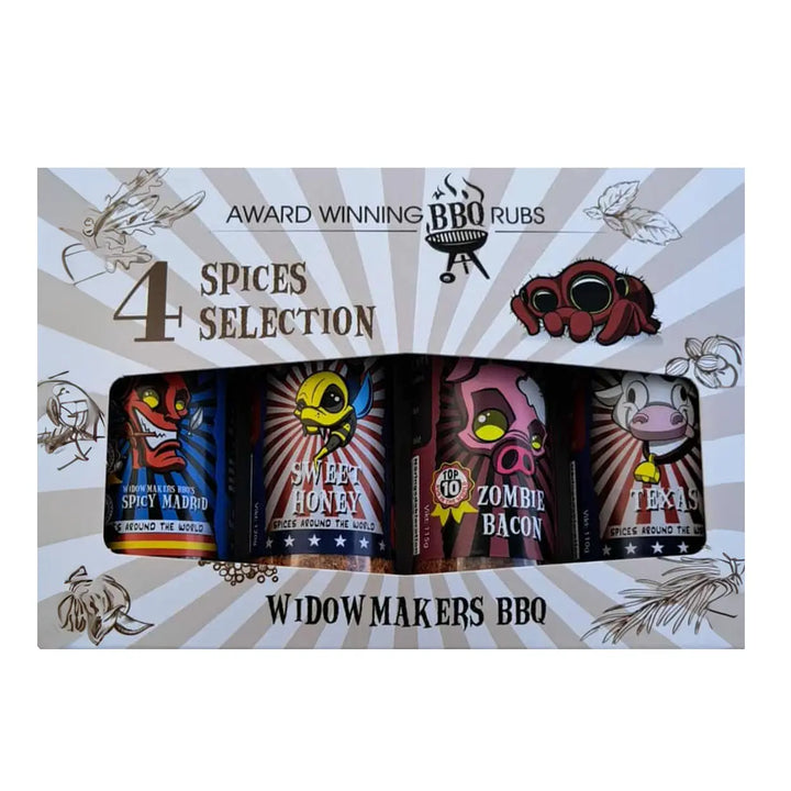 Presentförpackning från Widowmakers BBQ som innehåller de fyra kryddblandningarna: 
Spicy Madrid
Zombie Bacon
Sweet Honey
Texas