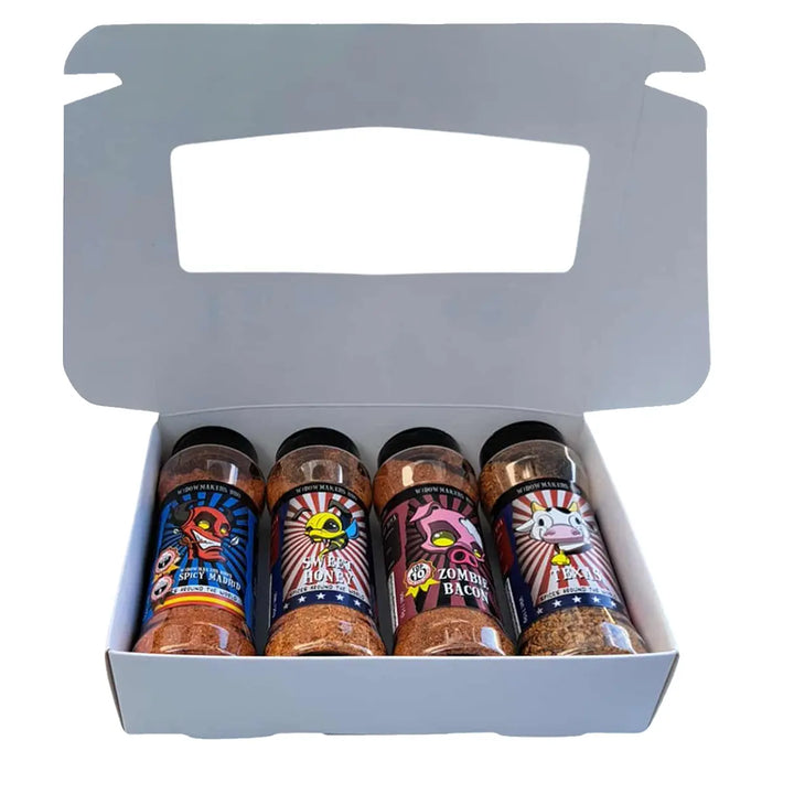 Presentförpackning från Widowmakers BBQ som innehåller de fyra kryddblandningarna: 
Spicy Madrid
Zombie Bacon
Sweet Honey
Texas